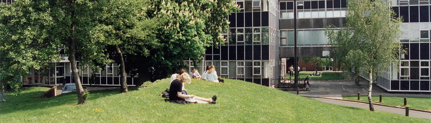 Students sat on a grass hill