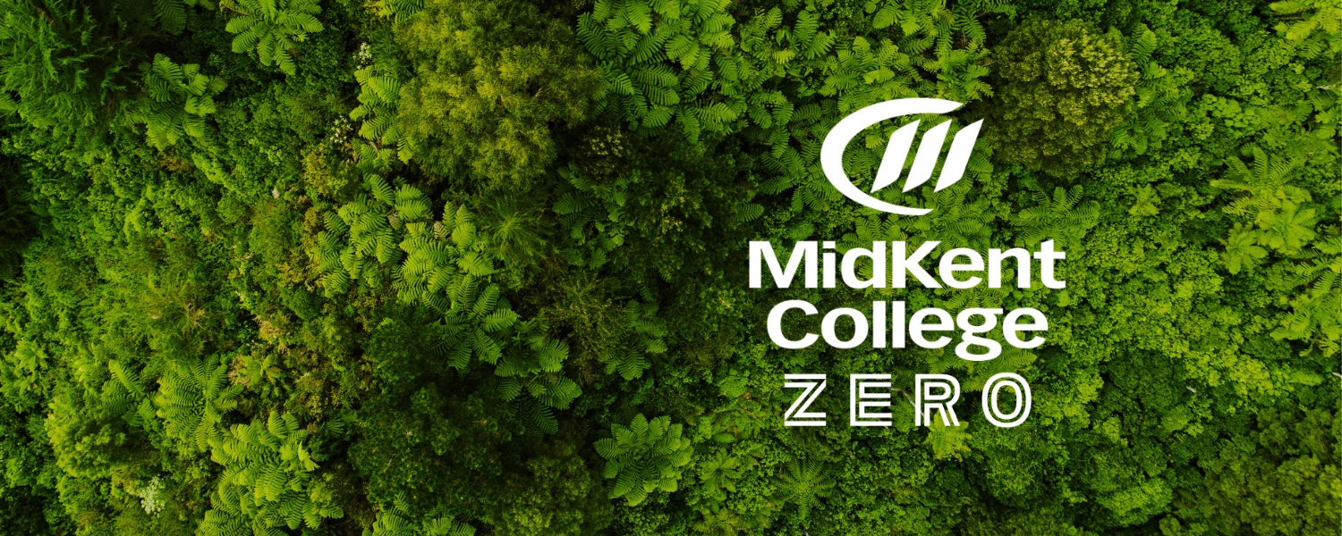 MidKent College ZERO logo against a backdrop of greenery.