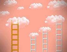 A drawing of ladders reaching up to clouds