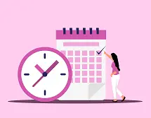 Pink and white cartoon of clock and calendar